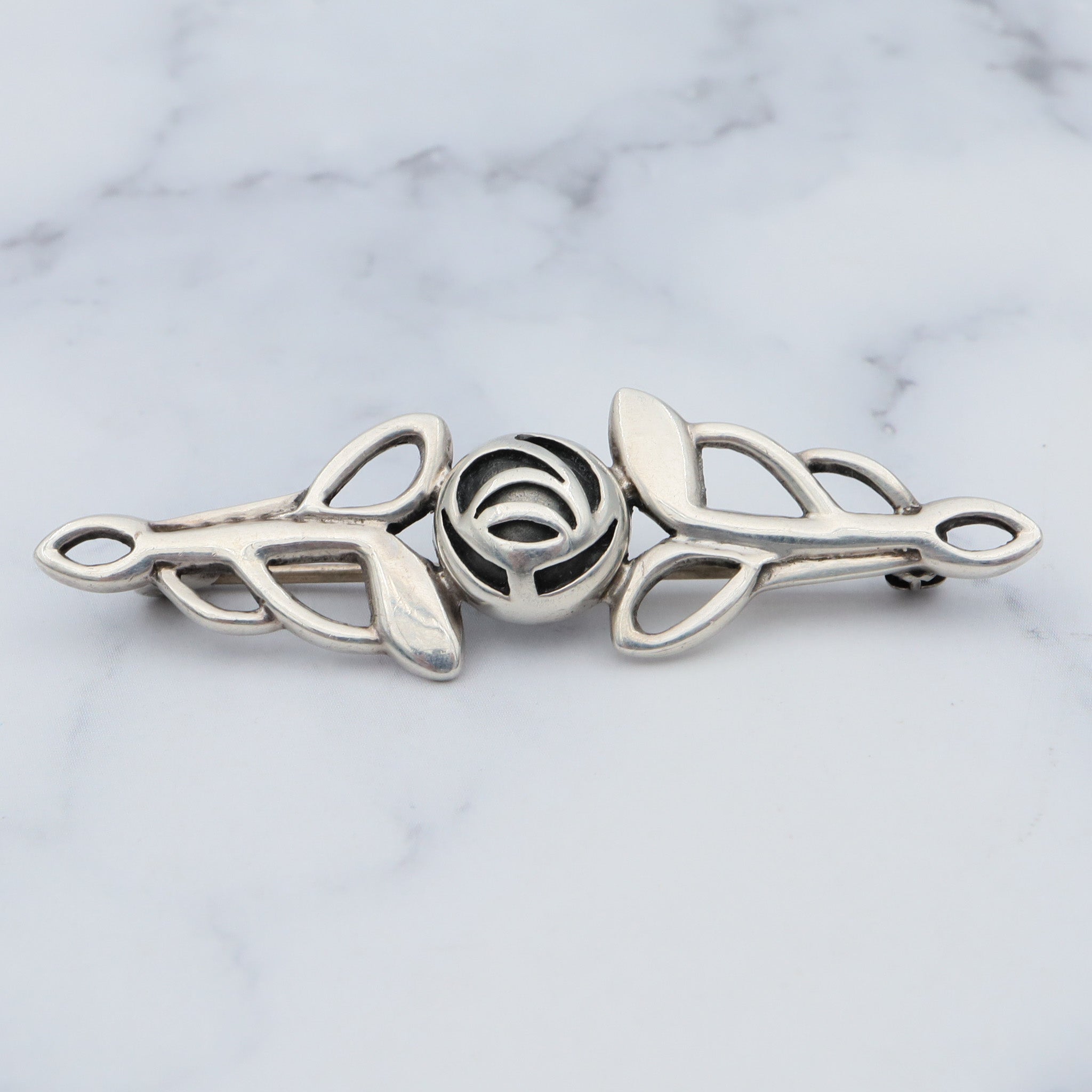 Vintage sterling Celtic rose bar brooch